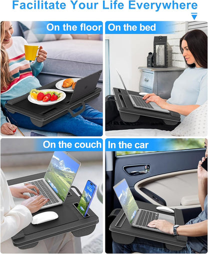 Laptop Lap Desk, Portable Large Laptop Desk for Bed, Up to 17 Inch Lap Pad Tray with Wrist Rest, Mouse Pad, Tablet Phone Slot, Portable Handle, Cushion (Black)