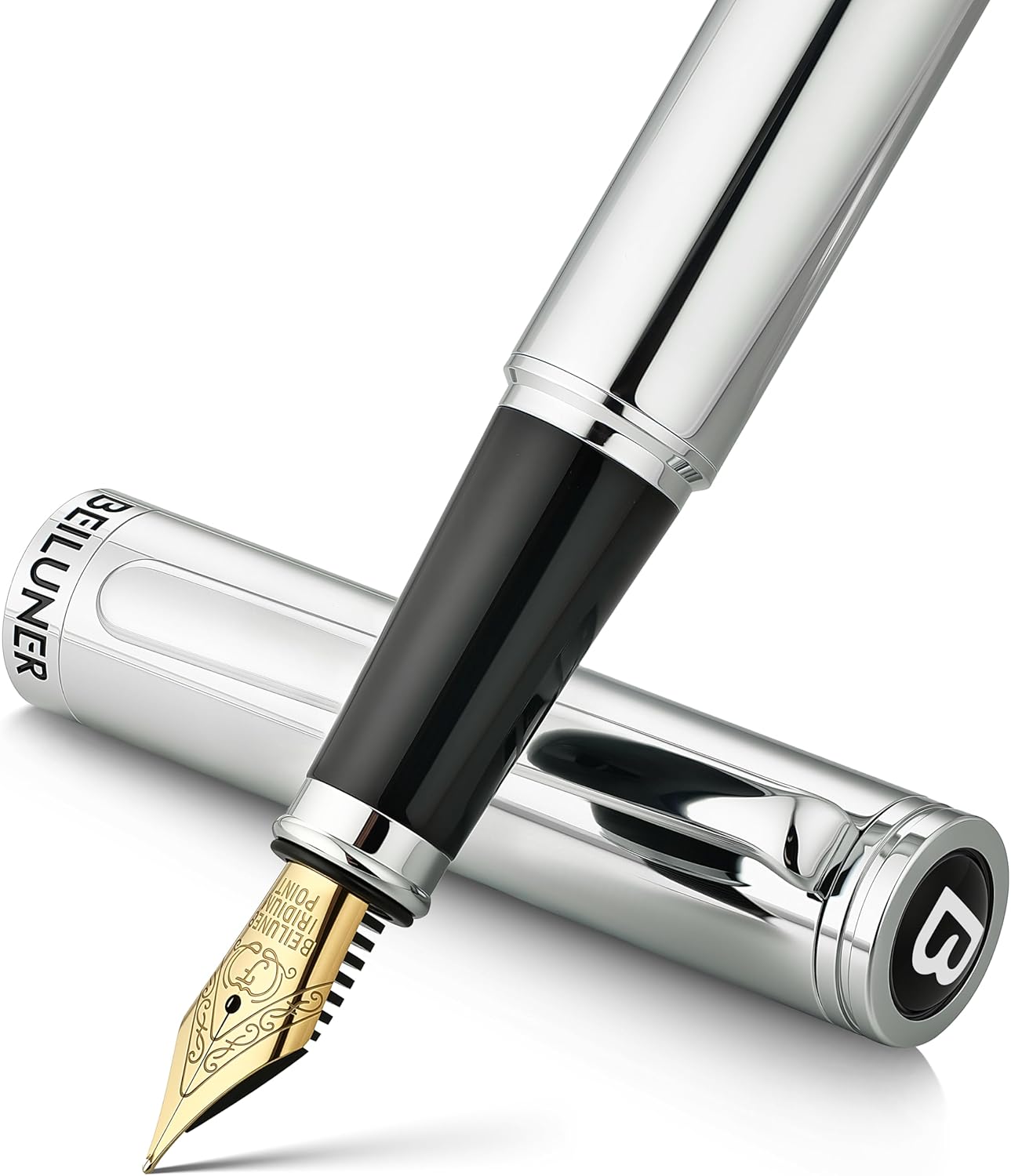 BEILUNER Silver Fountain Pen,Stunning Luxury Pens with Bright Silver Chrome, Gorgeous 24K Gilded Nib(Fine),Gift Pen Set for Men&Women -Ink Converter-Elegant, Professional, Nice Pen for Writing