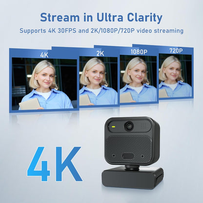 4K Webcam with 2 Microphone, Wide Angle PC Cameras with Mirror & Flip Funtion, Remote, Precise Focus, Privacy Cover, Tripod, Great for Computer, Zoom, OBS, Teams, Laptop, Personal Video Calling