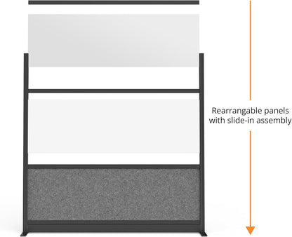 Stand Up Desk Store Workflow Wide Modular Wall | 53'' x 70'' Wall | Expandable Partition Room Divider with Rearrangeable Frosted Acrylic, Sound Absorbent and Whiteboard Panels (Black Frame)