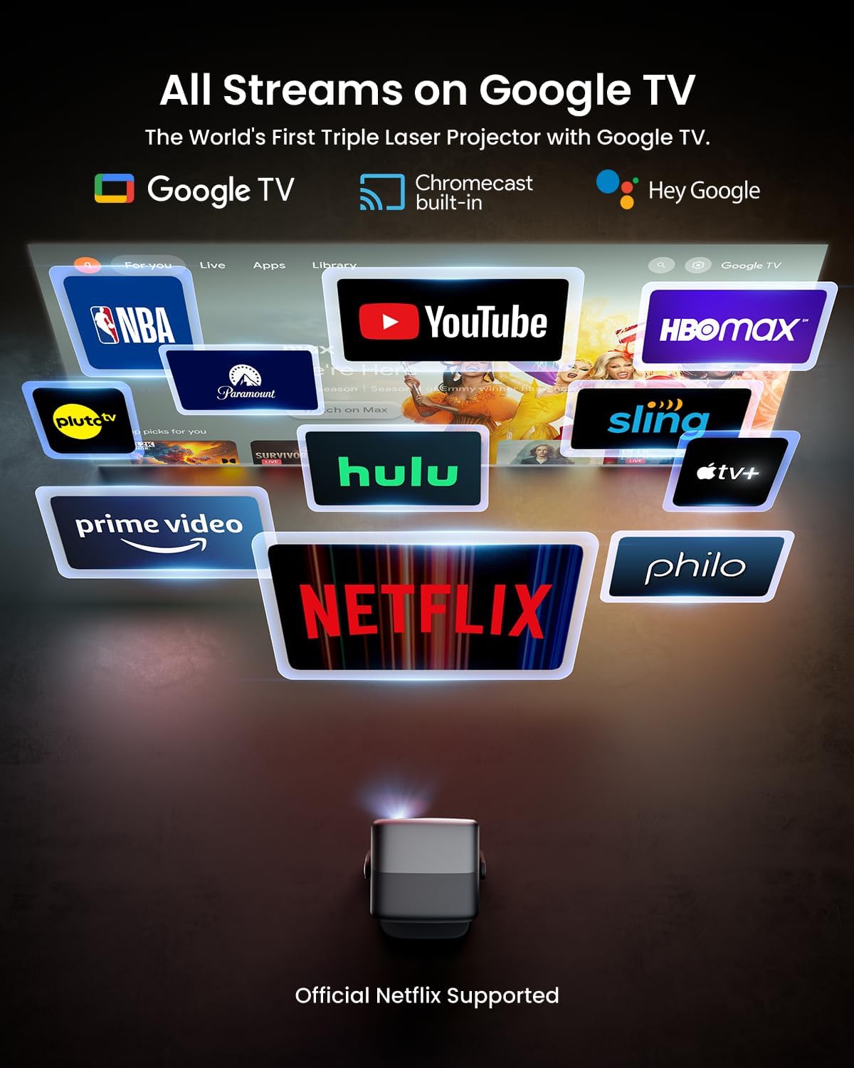 JMGO N1S Ultra 4K Triple Laser Projector with WiFi and Bluetooth, 2800 ISO Lumens, Google TV, 360° Sensorless Picture Correction, 300", HDR10, 20W Dolby Digital Plus, 3D-Active, Smart and Portable