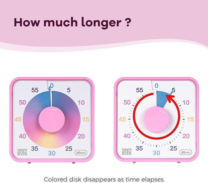 TWENTY5 SEVEN Countdown Timer 7.5 inch, 60 Minute 1 Hour Visual Timer for Classroom Teaching Tool Office Meeting, Mechanical Countdown Clock for Kids Exam Time Management Magnetic, Ombre Pink Macarons