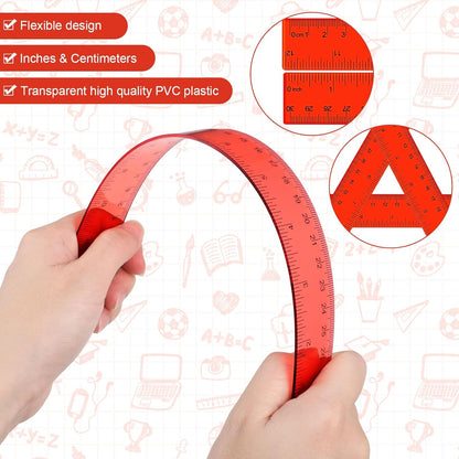 Zonon 2 Pack 12'' Plastic Ruler and 6'' Plastic Protractor Set Clear Ruler Protractor Set Math Geometry Supplies for School Classroom Home Office Drawing (Red)