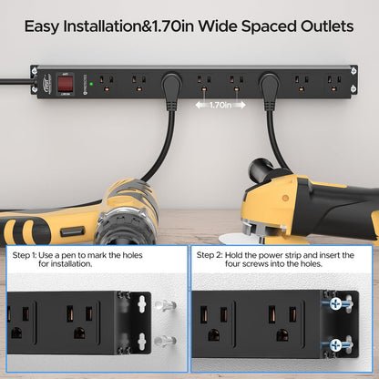 CRST 8 Outlet Metal Heavy Duty Power Strip, 2100J Surge Protector, 6FT Cord Mountable Wide Spaced Industrial Power Strip,15A/1875W