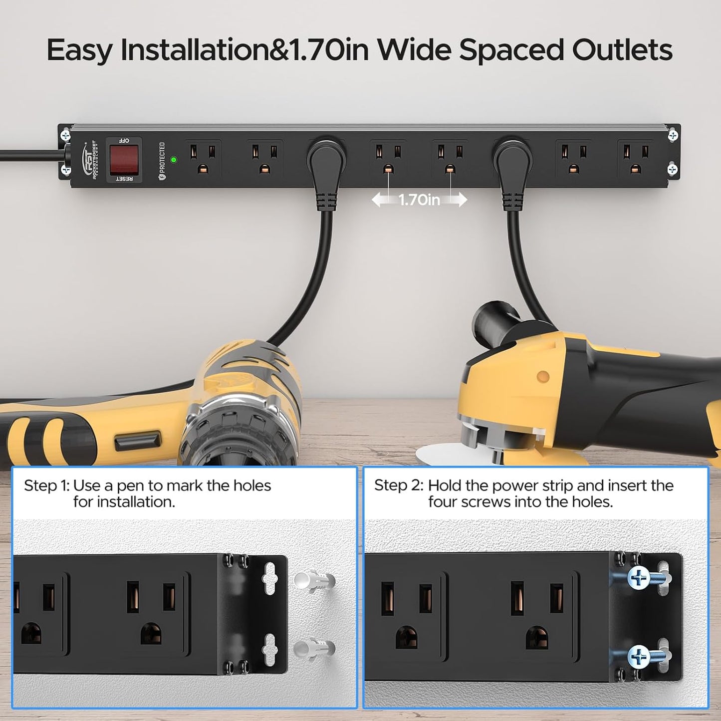 CRST 2 Pack 8 Outlet Metal Heavy Duty Power Strip with Switch, 2100J Surge Protector, Mountable Wide Spaced Power Strip, 6 FT 14AWG, 15A/1875W