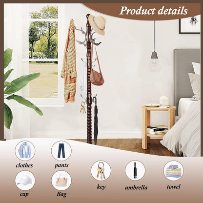 Wooden Coat Rack Freestanding, Vintage Coat Racks with Sturdy Round Base, Adjustable Height 37.40"-72.83" Entrance Coat Rack for Bedroom Living Room Entryway (Nostalgic)
