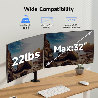 Pholiten Dual Monitor Stand, Heavy Duty Adjustable Monitor Arm Desk Mount for 2 Screens up to 32 Inches, Tilt, Swivel, Rotate, Supports Tilt, Swivel, Rotate, Supports 22 lbs per Monitor Arm
