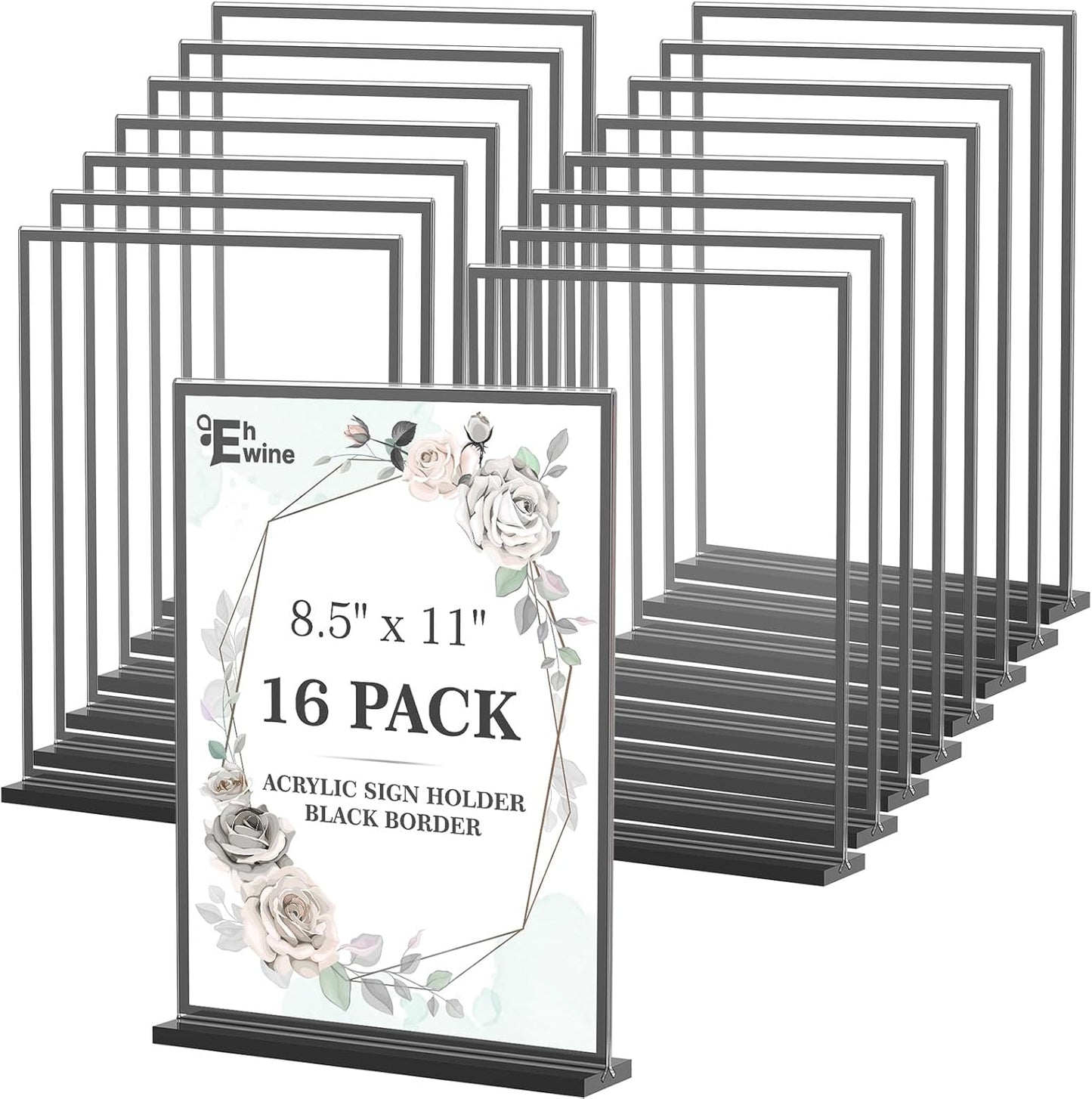 EHWINE 16 Pack Acrylic Sign Holder 8.5 x 11, Double-Sided Tabletop Black Sign Holder, Clear Acrylic Picture Frame Menu Flyer Paper Holder Display Stand for Home Wedding Party (with Non-Slip Pads)