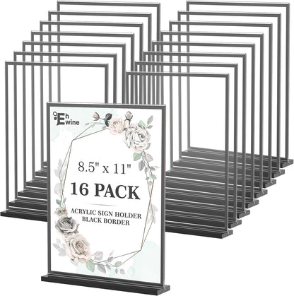 EHWINE 16 Pack Acrylic Sign Holder 8.5 x 11, Double-Sided Tabletop Black Sign Holder, Clear Acrylic Picture Frame Menu Flyer Paper Holder Display Stand for Home Wedding Party (with Non-Slip Pads)