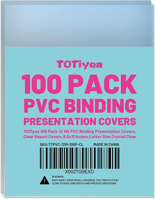 TOTiyea 100 Pack 12 Mil PVC Binding Presentation Covers, Clear Report Covers for Binding,8.5x11 Inches,Letter Size
