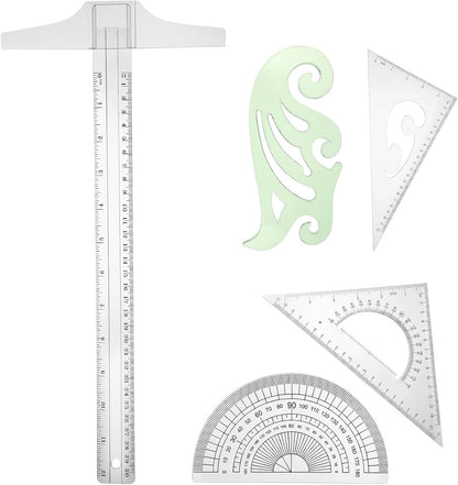 Frienda 5 Pieces Drafting Tools 12 Inch T-Square Ruler Plastic Transparent Drawing Ruler 180 Degree Protractor, 2 Triangles and a French Curve for Students and Engineering Drawing