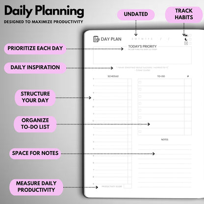 Undated Daily Planner – 6-Month A5 Productivity Organizer with Full Page Per Day, Hourly Schedule, Goal Setting, Habit Tracker, Weekly & Monthly Pages – Hardcover Time Management Notebook (Lilac)
