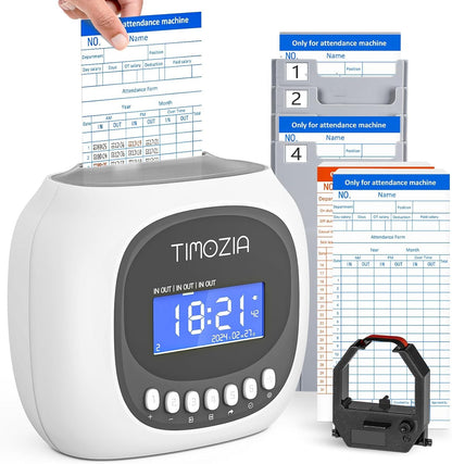 Time Clock with Passcode, Auto-Align Time Card Machine, 6 Punches per Day Time Clock Punch Machine with 100 Time Cards, 2 Ink Ribbons and 4 Racks(White, Military Time)