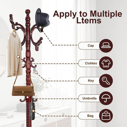 Solid Wood Coat Rack – 73" Freestanding Coat Racks Stand with 14 Hooks & Stable Round Base, Adjustable Height Modern Wooden Hall Tree for Entryway, Bedroom, Office, Home (Mahogany Round)