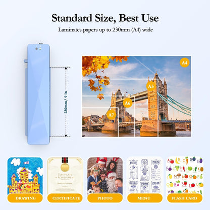 Crenova Laminator Machine with 10 Laminating Sheets, A4 Laminating Machine Hot & Cold with Fast Warm Technology, Thermal Laminator 9 Inch for Home Office School Business Blue