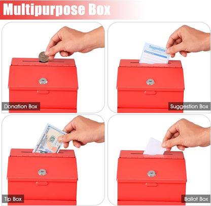 KYODOLED Suggestion Box with Lock and 50 Free Suggestion Cards, Metal Wall Mounted Ballot, Donation and Collection Key Drop Box with Slot & 2 Keys, 8H x 5.7W x 7L Inch, Red