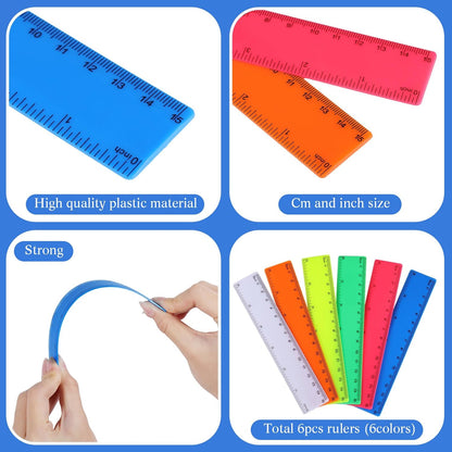 Zonon 6 Pcs 6 Inch Ruler Bulk Colorful Plastic Flexible Straight Metric Rulers with Centimeters and Inches Drafting Measuring Tool for Classroom School Students Education