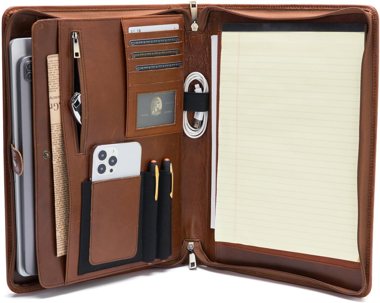 Genuine Leather Portfolio, Legal Size 8.5 x 14 Pad Holder, Business Padfolio for Men and Women, Zippered Laptop Organizer, Executive Professional Work Travel Notepad Folio, Brown, Oil Tanned