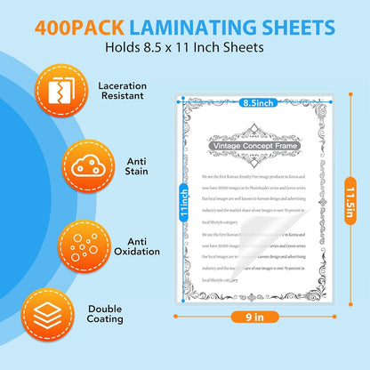 400 Pack Laminating Sheets, Holds 8.5 x 11 Inch Sheets, 3 mil, 9 x 11.5 Inches Thermal Laminating Pouches Lamination Sheet Paper for Laminator, Clear, Letter Size, Office and School Supplies