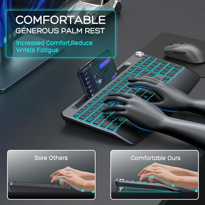 Backlit Keyboard and Mouse Combo, 7 Colors Wireless Keyboard Ergonomic with Wrist Rest and Volume Knob,Phone Holder,Rechargeable with Light Up Keyboard for Laptop, PC, Mac, Windows -Black