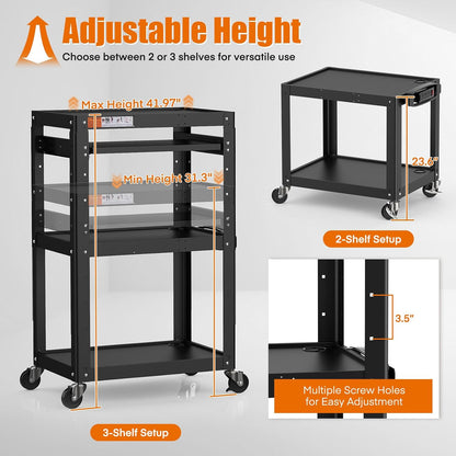 AV Presentation Cart Stand for Video Projector,TV,Laptop Computers,Printers,Metal Construction Rolling Cart with Adjustable Shelves,4 Wheels,4 Outlets, 5.75ft Cord,Support 300 lbs,Black