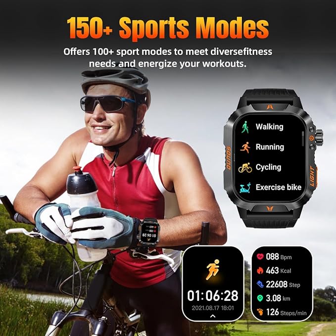 QTLLBT Military Smartwatch, Answer Make Calls LED Flashlight Barometer Compass 2.01HD IP68 Waterproof Outdoor Tactical Watch 100+ Sports Modes Sleep Heart Rate Available for Android iOS (Steel Band)