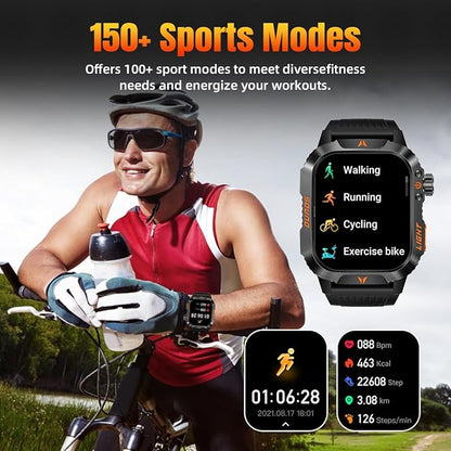 QTLLBT Military Smartwatch, Answer Make Calls LED Flashlight Barometer Compass 2.01HD IP68 Waterproof Outdoor Tactical Watch 100+ Sports Modes Sleep Heart Rate Available for Android iOS (Steel Band)