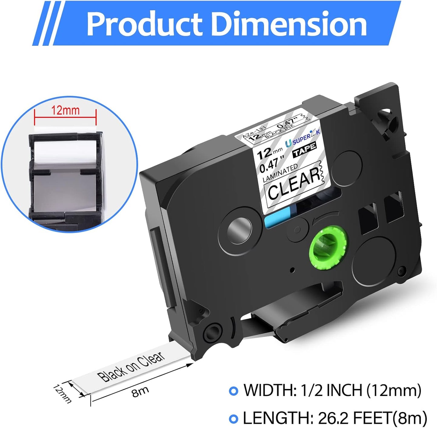 6PK Compatible for Brother P-Touch Label Maker Tape TZe-131 TZ-131 TZe131 TZ131 Black on Clear 12mm 1/2 inch 0.47'' x 26.2ft Laminated TZe TZ Label Tape for PT-H300LI P700 P710BT P750W