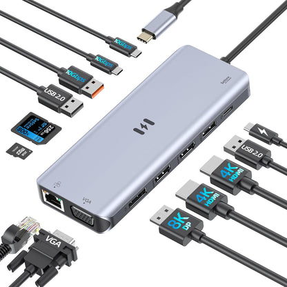 USB C Docking Station 4 Monitors,13 in 1 Laptop Docking Station 3 Monitors with Dual HDMI,8K DP,VGA,10Gbps USB A/C Data Transfer, PD Charging,USB C Hub Multiport Adapter for Windows/Mac OS Laptop