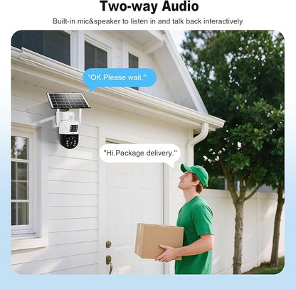 KERUI 2K Solar Security Cameras with Dual Lens Wireless Security Camera Outside with Solar Panel 360° View Pan, AI Human Detection, Color Night Vision,2-Way Audio with 64G SD Storage(2 Pack)