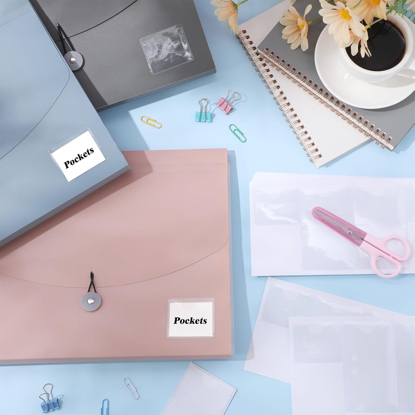 Outus 100 Pcs Clear Self Adhesive Pockets - Bin Labels for Storage Bins, Pocket Label Sleeves, Plastic Index Card Holder with Top Open for Organizing Bins Box Drawer(2 x 3.75, 2 x 1.5 Inch)