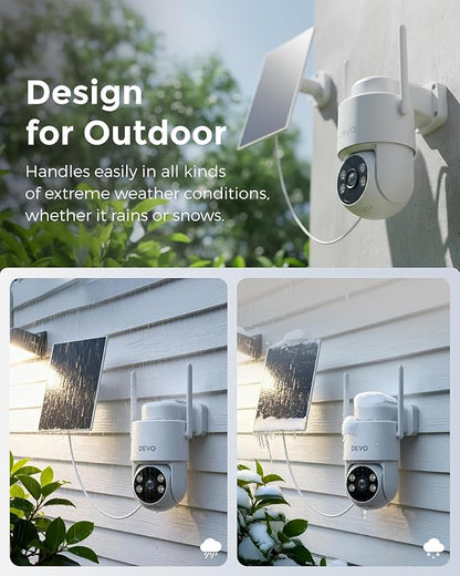 Devo Solar Security Camera Wireless Outdoor, 2.3K HD 360° PTZ Color Night Vision, AI/PIR Human Detection, 2-Way Audio, Solar & Battery Powered, WiFi 6, IP66 Waterproof, Triple Alert System White