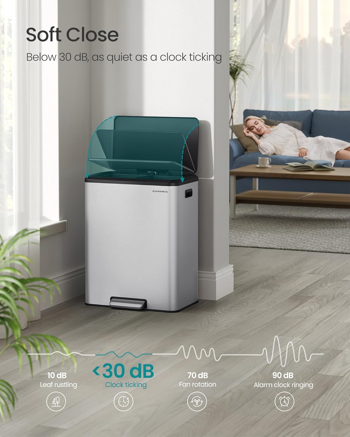 SONGMICS Trash Can, 2 x 8 Gallon (2 x 30 L) Double Garabge Can for Recycling and Waste, Stainless Steel, Soft-Close Lid, Inner Buckets, Wide Sturdy Pedal, Metallic Silver ULTB556E01