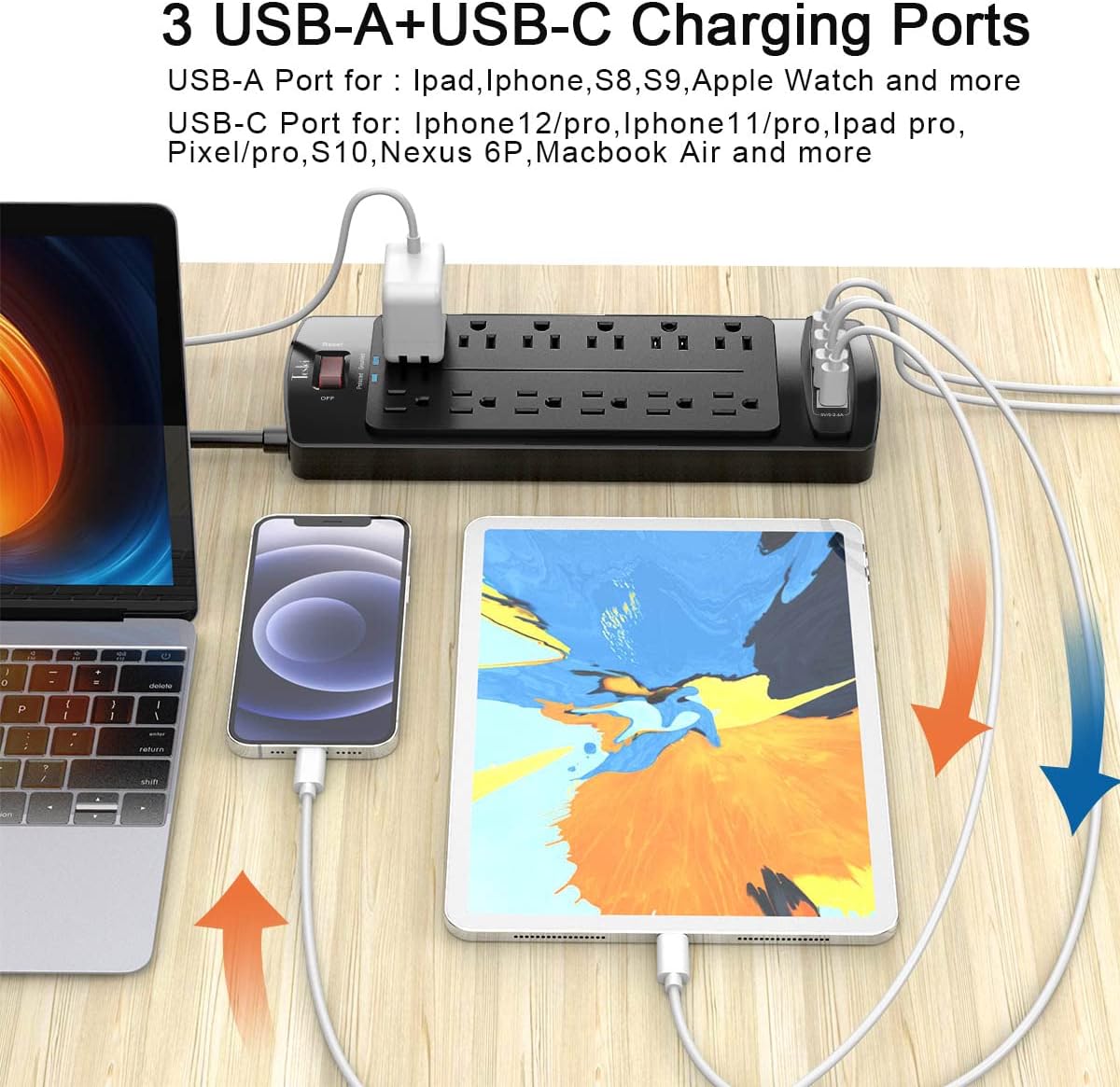 Power Strip, Tcstei Surge Protector with 12 Outlets and 4 USB Ports, 6 Feet Extension Cord (1875W/15A) for for Home, Office, Dorm Essentials, 2700 Joules, ETL Listed, (Black)