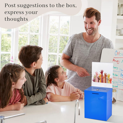 Marsui Acrylic Suggestion Box Large Donation Box 16 x 6.7 x 5 Inch Safe Ballot with Lock and Sign Holder for Voting Charity Business Cards Collection Display Ticket Comment(Blue)