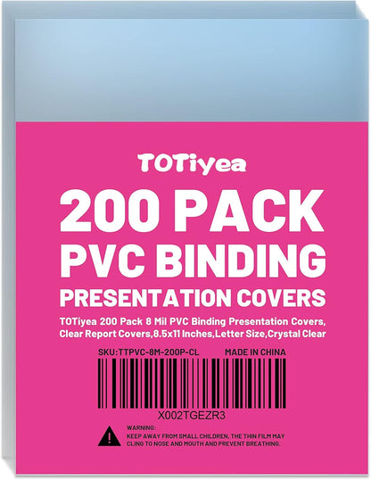 TOTiyea 200 Pack 8 Mil PVC Binding Presentation Covers, Clear Report Covers for Binding,8.5x11 Inches,Letter Size