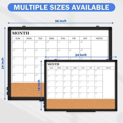 Monthly Calendar Whiteboard Dry Erase Cork Board Combo for Wall, 36" x 24" Magnetic Double-Sided Calendar White Board and Bulletin Board, Portable Board for Office, Kitchen, School, Home