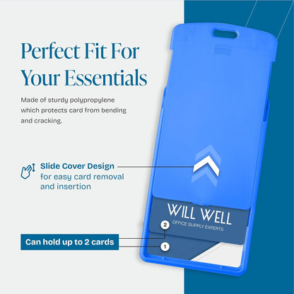 Will Well Vertical Sliding Badge Holder for Lanyards - Hard ABS Plastic 4.13" x 3.3" Protector Fits Up to 2 Standard-Sized Cards, Lightweight Secure Quick-Access Slide Cover Design - 6-Pack, Blue