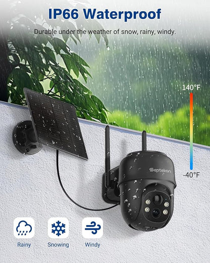 Septekon 2K Solar Security Cameras Wireless Outdoor 2 Pack, 360°PTZ Battery Powered Outdoor Camera, 2.4G WiFi Camera with Spotlight Color Night Vision, Motion Sensor Alarm, IP66, Black