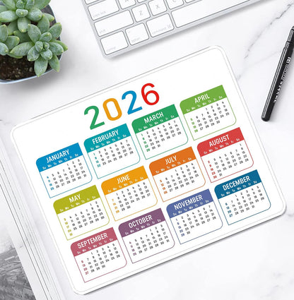 2026 Calendar Mouse pad, Gaming Stitched Edge Computer Accessory Mouse Pad, Rectangular Anti Slip Chloroprene Rubber Mouse Pad for Office and Home Use (White Calendar Mouse Pad)