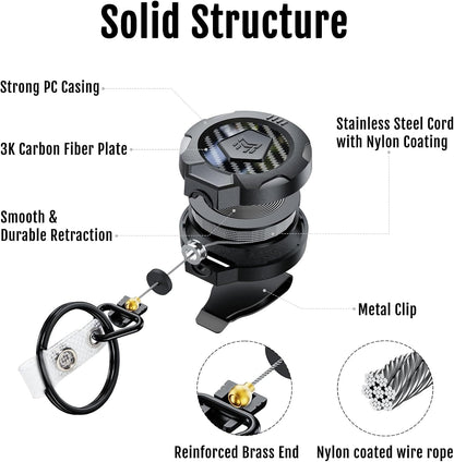 MNGARISTA Upgraded Heavy Duty Retractable Keychain with Belt Clip, 10 OZ Retraction, 31.5" Stainless Steel Cord, 3K Carbon Fiber ID Badge Reel with Badge Strap and Key Ring