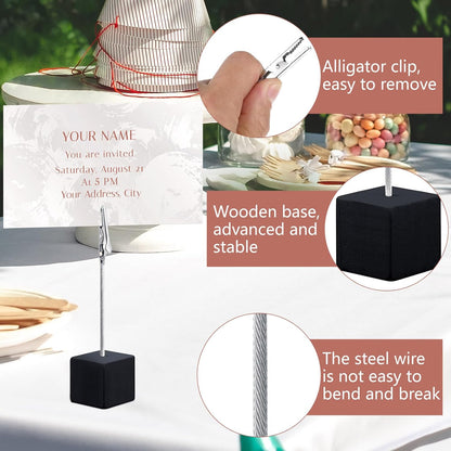 24 Pcs Wooden Memo Clips Holder Lightweight Wood Cube Base with Alligator Clip Clasp Mini Photo Holder Clip Menu Holder for Displaying Number Card (Black)