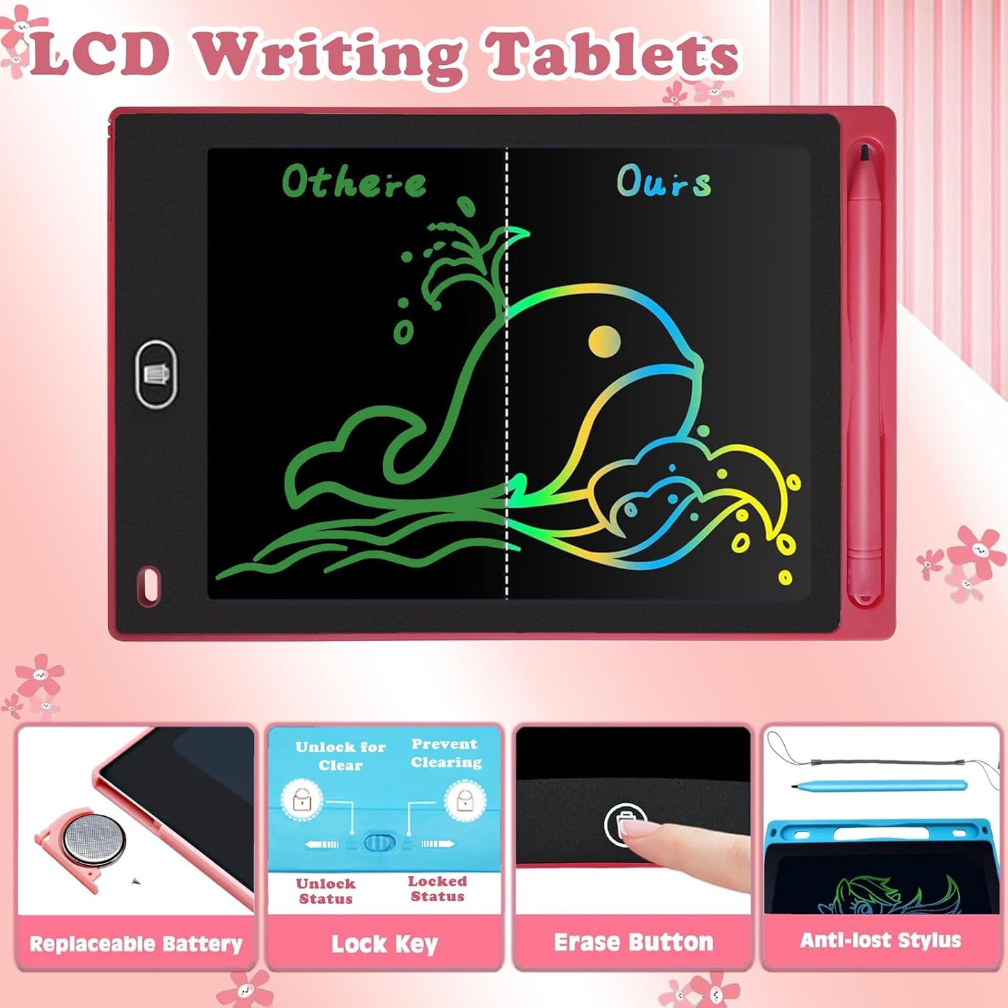 4 Pack LCD Writing Tablets for Kids, 8.5 Inch, Toddler Toys Colorful Doodle Board Birthday Gifts for Ages 3-8 Boys Girls, Drawing Tablet for Learning and Education (Blue Pink Red Black)