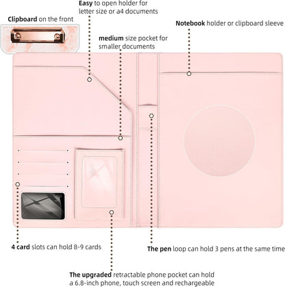 Ospelelf Pink Padfolio for Women Storage Clipboard Folio with Notepad Leather Portfolio Binder for Teacher