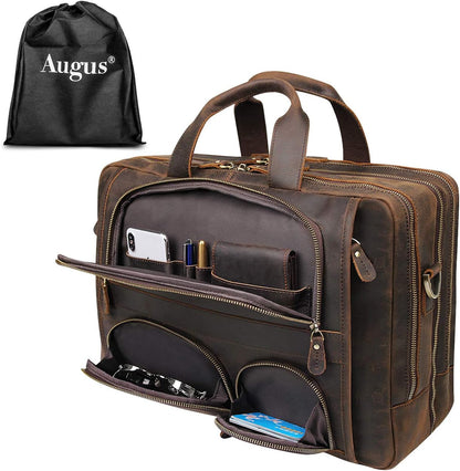 Augus Business Travel Briefcase Genuine Leather Duffel Bags for Men Laptop Bag fits 15.6 inches Laptop