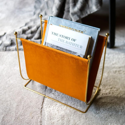 Plated Metal Wire and Suede Leather Magazine Holder Rack, Standing Rack for Magazines, Books, Newspapers, Home Staging Decoration