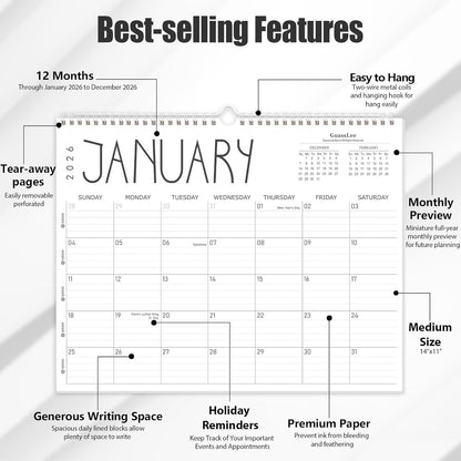 GuassLee Wall Calendar 2026, 2026 Calendar Wall from Jan. 2026 to Dec 2026, 14" X 11" Paper Monthly Planner Wall Hanging Calendar with Thick Paper for Office Home Planning & Organizing