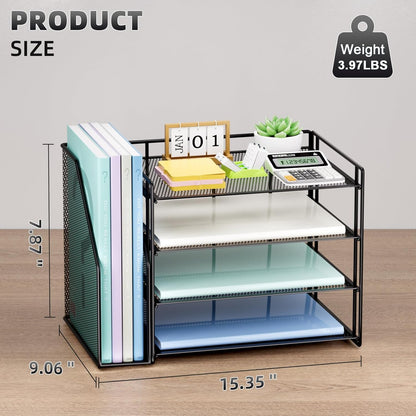 Marbrasse Desk Organizer and Accessories，4-Tier Paper Letter Tray Organizer with File Holder，Desk Accessories & Workspace Desktop Organizers for School Home Office Supplies (Black)