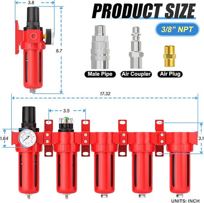 3/8" NPT Industrial Grade 5 Stage Aluminum Air Drying System, Coalescing Filter, Particulate Filter, Triple Desiccant Dryer and Air Regulator, Manual Drain For Plasma Cutter and Paint Spray