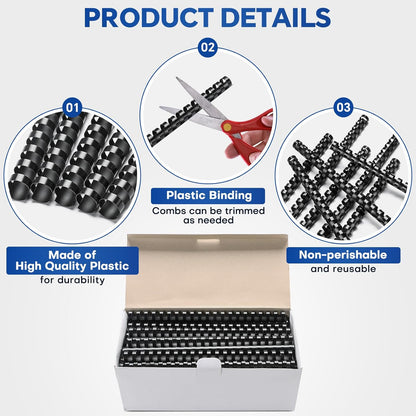 MYFULLY 100 Pack 21 Ring Plastic Comb Binding Spines | 1/2 Inch Diameter, 65 Sheet Capacity, A4, Black Binding Comb (1/2" (65 Sheet Capacity))